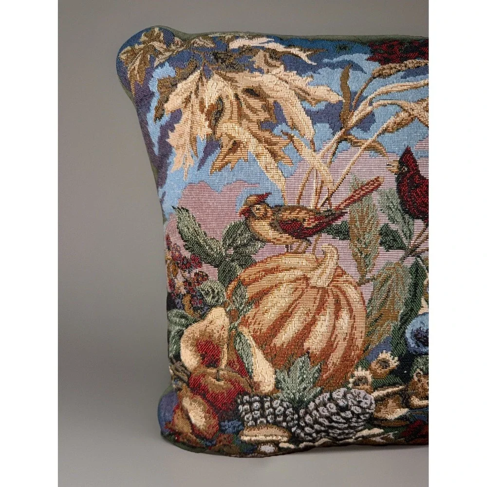 Vtg‎ 90s Tapestry Fall Harvest Square Green Pillow,Fruit,Birds,Pumpkin Autumn